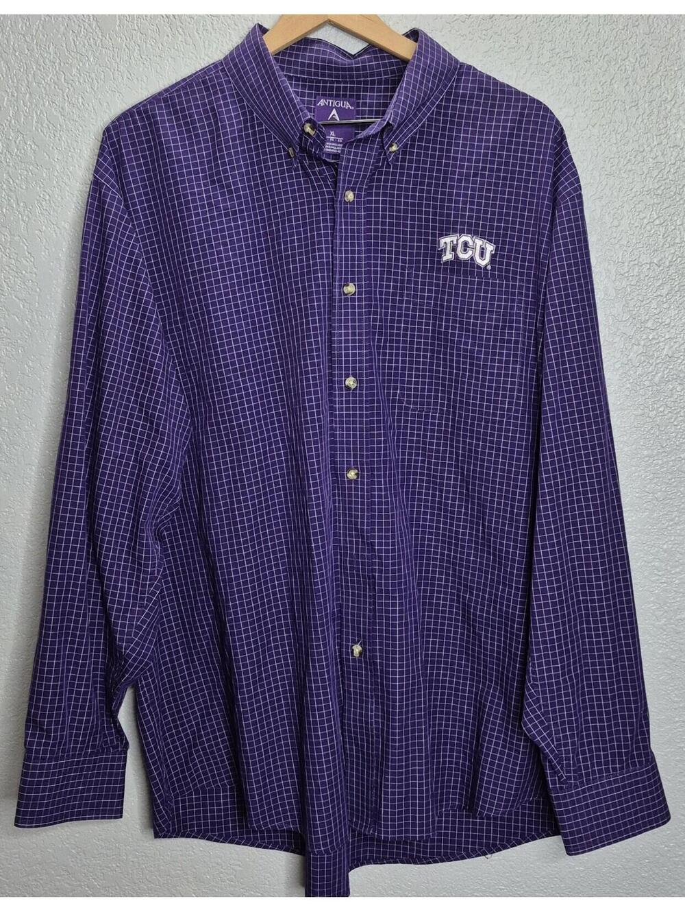 Antigua TCU Horned Frogs Purple Check Button Down Shirt Men’s XL Long Sleeve...